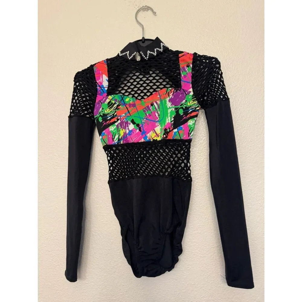 Kelle dance neon Y2K acro contemporary costume leotard fishnet 5304 MC 10/12